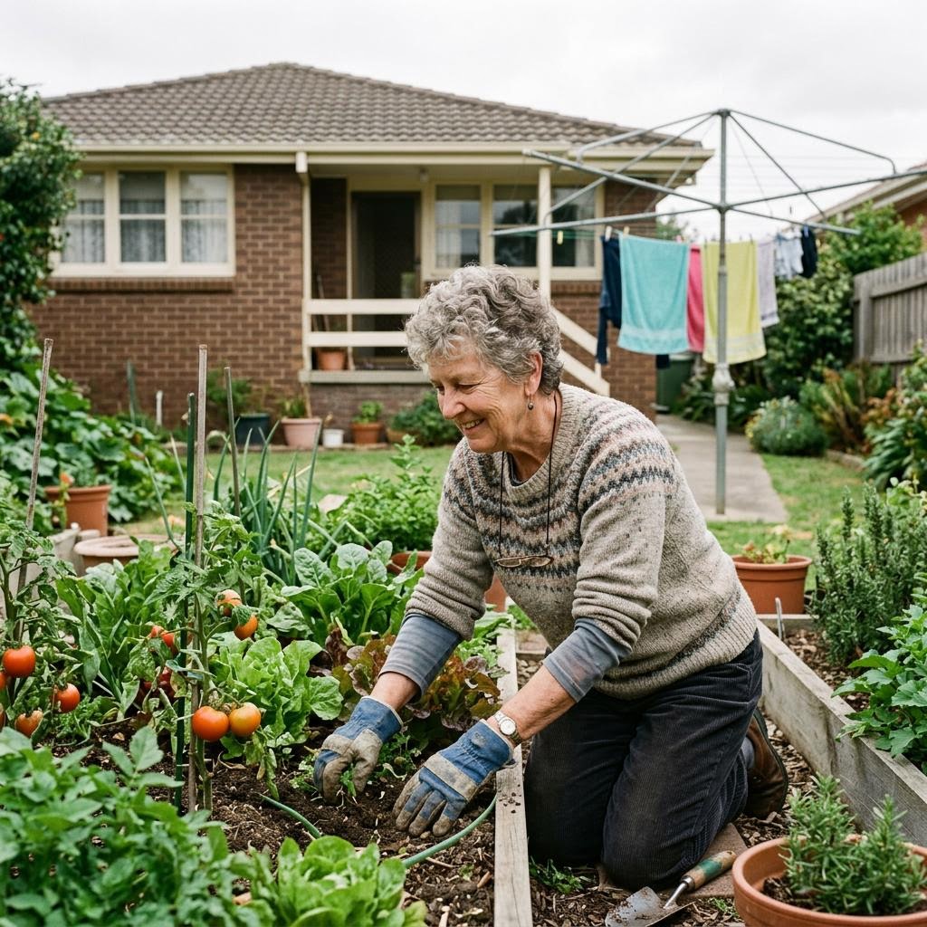 A retired woman in her backyard garden beside a brick veneer home